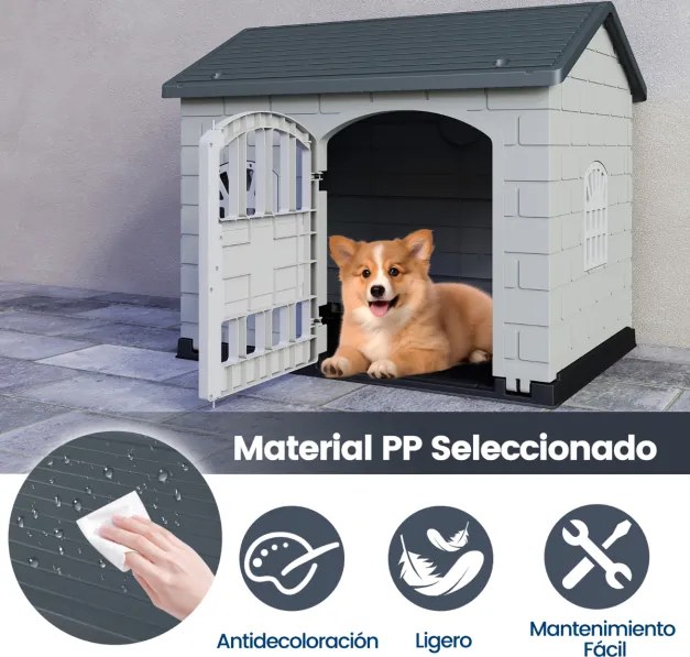 Casota de plástico para cães com 3 janelas e porta com fechadura, telhado inclinado, para interior e exterior, 75 x 58 x 65 cm, Cinzento