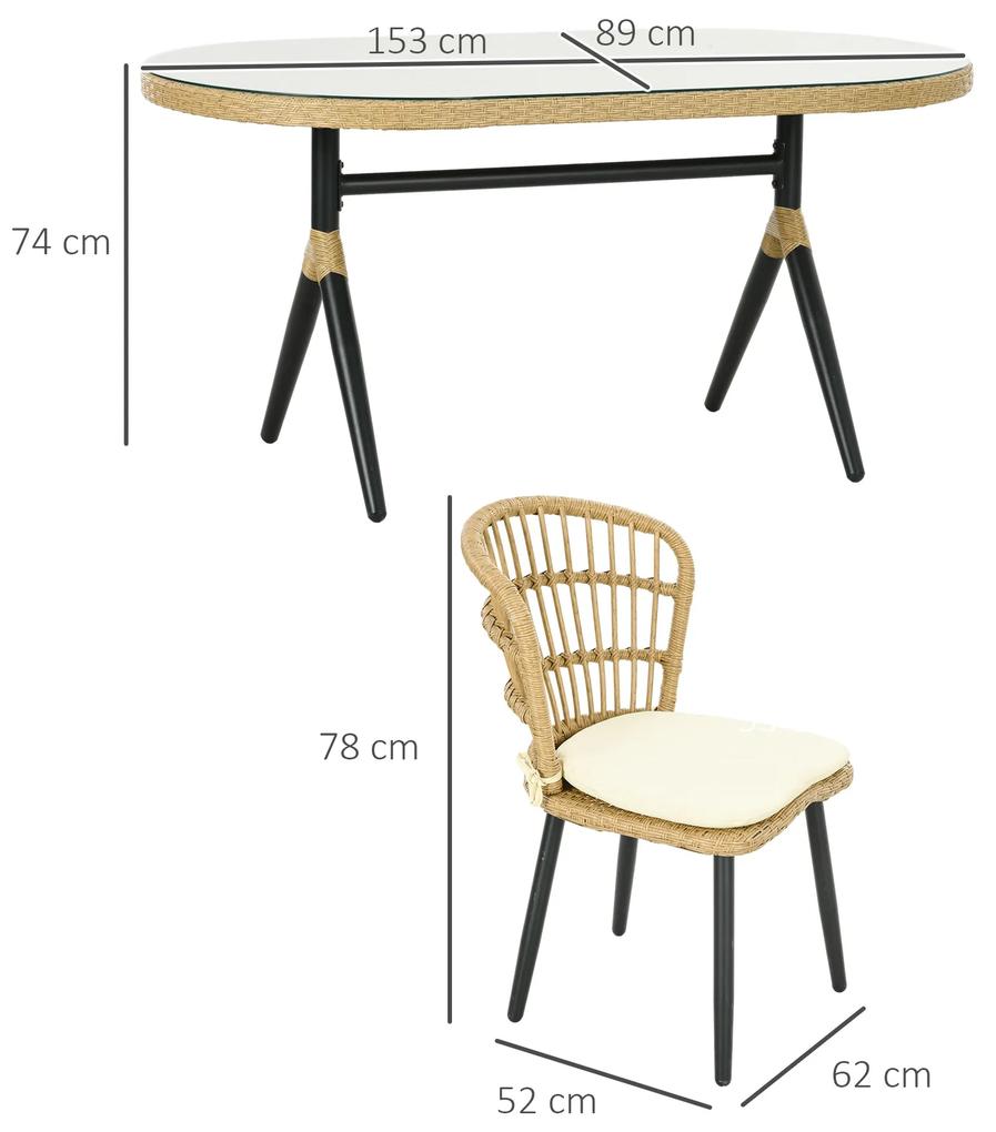 Conjunto de Refeição de Vime Sintético de 7 Peças Inclui 6 Cadeiras com Almofadas e Mesa de Vidro Temperado Natural