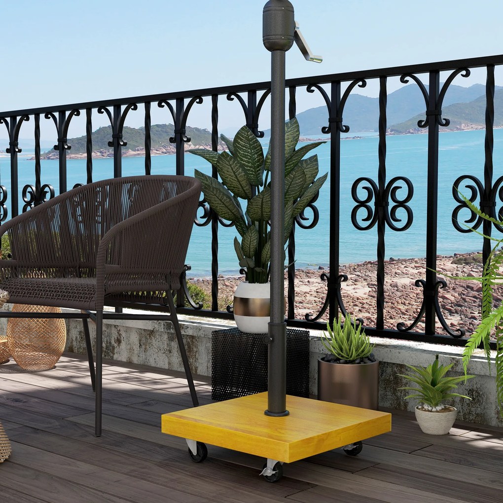 Base para guarda-sol 45 C x 45 L x 36,5 A cm base de lastro com peso líquido de 25 kg em metal e 4 rodas preto e efeito madeira