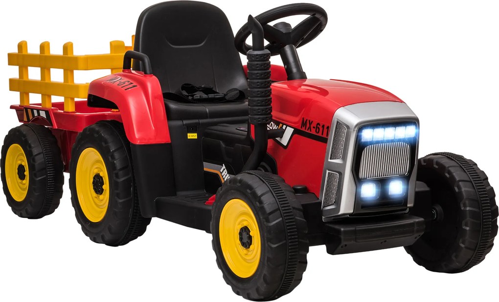 HOMCOM Trator Elétrico com Reboque Amovível com Controlo Remoto Música MP3 Luzes e Cinto de Segurança 136,5x50x52,5 cm Vermelho | Aosom Portugal