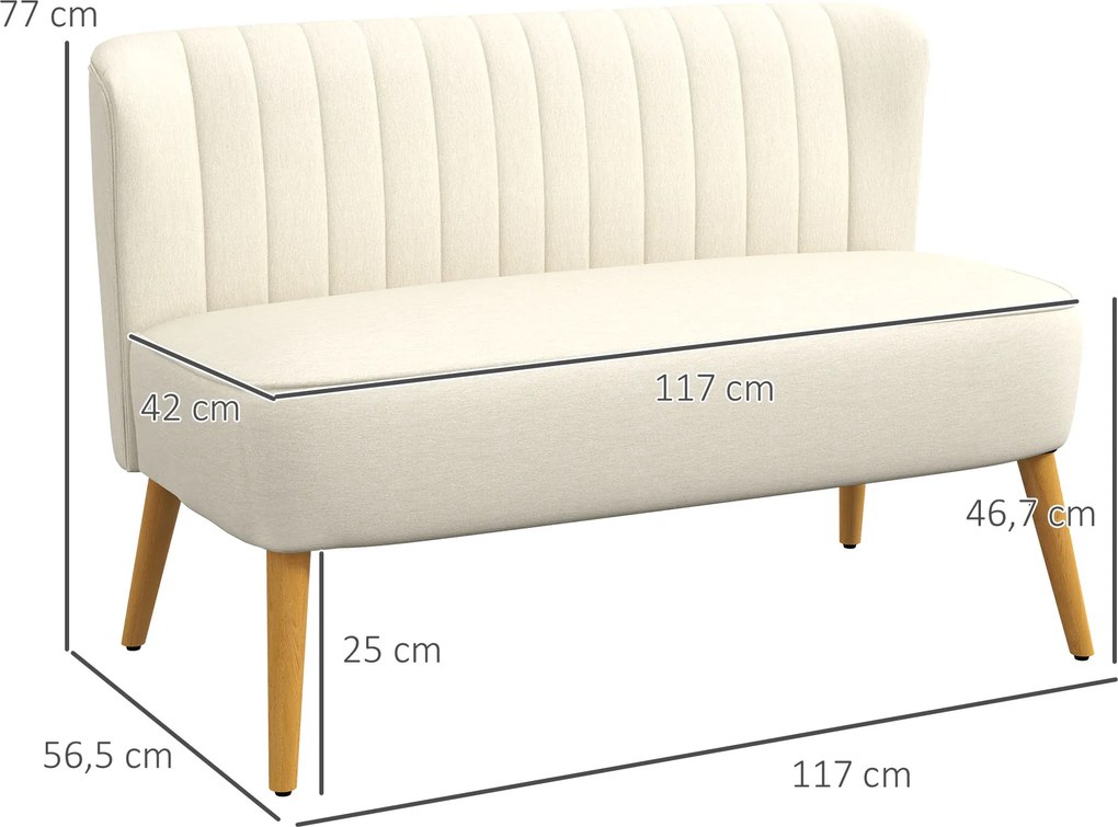 Sofá pequeno de 2 lugares 117 x 56,5 x 77 cm, sofá de sala em tecido com aspeto de linho, assento almofadado e pés em madeira de seringueira, creme