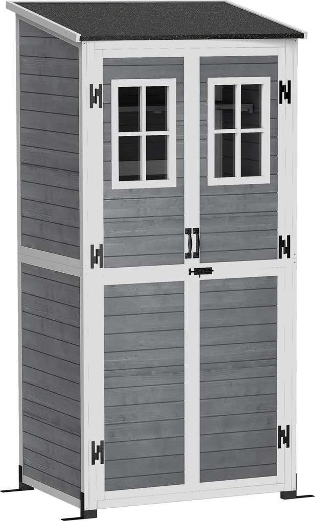 Outsunny Abrigo de armazenamento para jardim, abrigo de ferramentas com 2 janelas, estacas para base, telhado em betume, 91 x 69 x 192 cm, madeira de pinho, Cinzento claro | Aosom Portugal