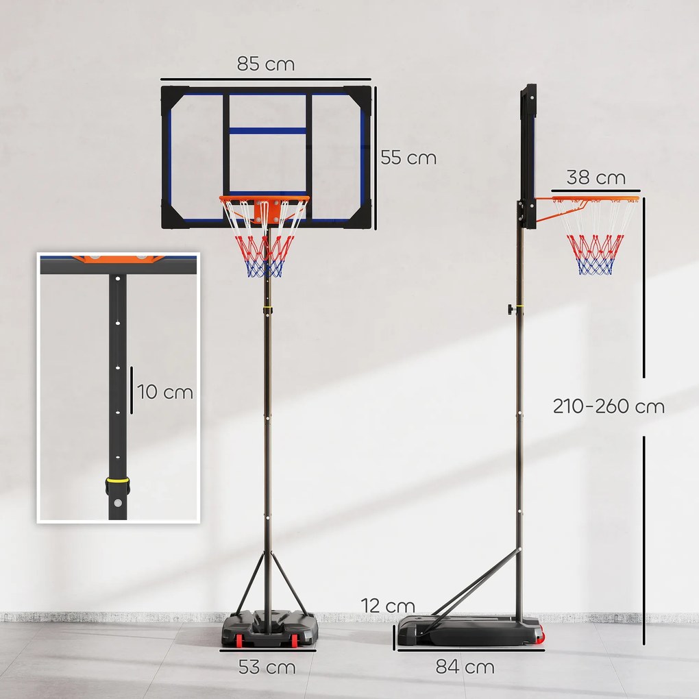 Cesto de basquetebol para crianças, altura ajustável entre 210 e 260 cm (exterior e interior), com rodas e base de lastro, azul e preto