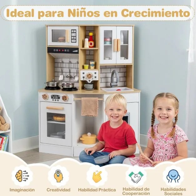 Cozinha de brincar para crianças 75 x 36 x 96 cm de madeira com som e luz Fogão Pia Exaustor Acessórios de cozinha Branco e Natural