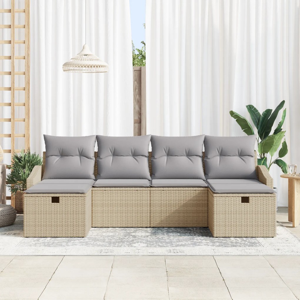 Conjunto de Sofás de Jardim de 6 Peças com Almofadas Bege Rattan Polié