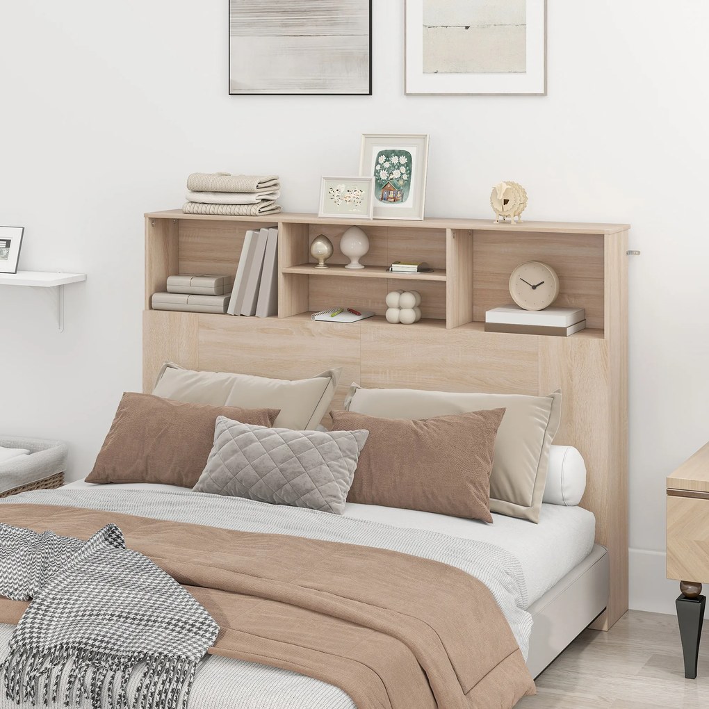 Cabeceira de cama com pés e arrumação, acessório de cama com 4 compartimentos abertos, 140 x 19 x 103,5 cm, efeito de madeira natural
