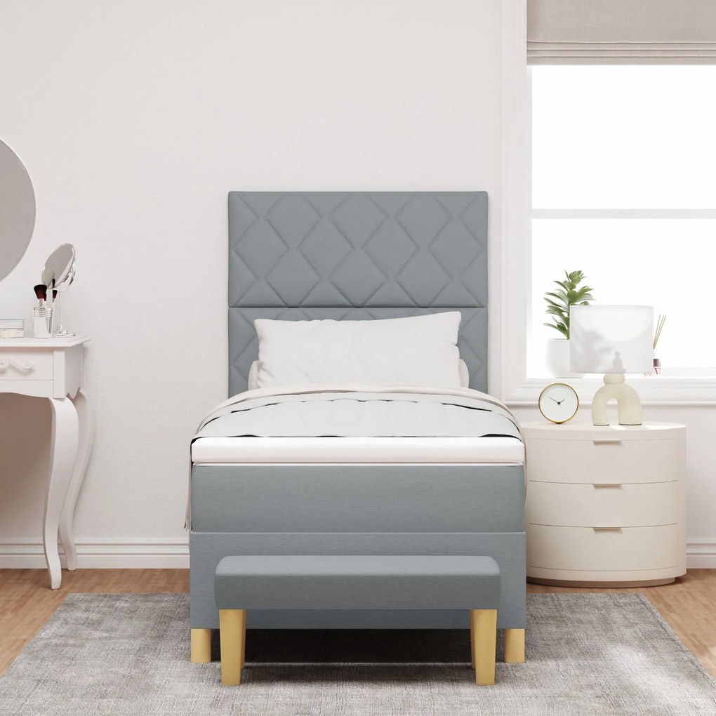Cama Box Spring com Colchão &amp; Banco Cinza-claro 90x190 cm Tecido