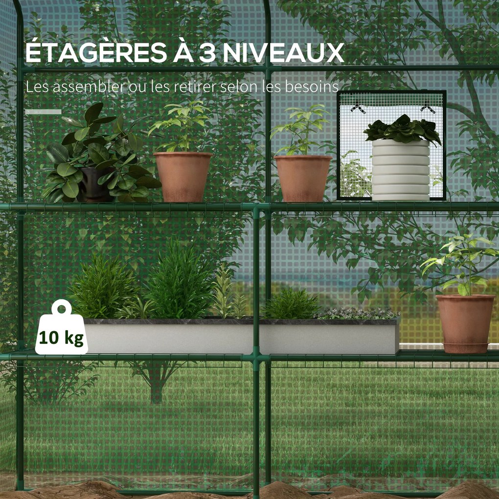 Estufa de jardim 140 x 143 x 190 cm com 1 porta, 1 janela e prateleiras de 3 níveis para legumes, plantas e flores; cobertura em PE Verde