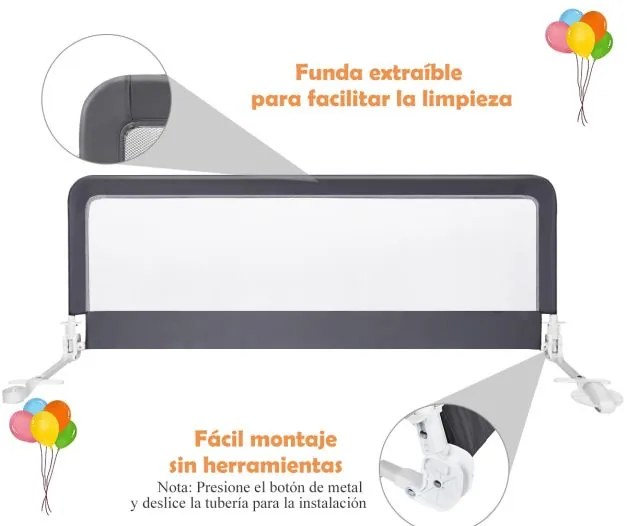 Barra de segurança para bebés para camas com altura ajustável 150 x 55 cm cinza