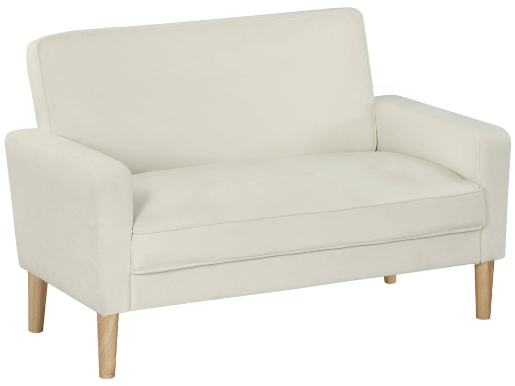 HOMCOM Sofá de 2 Lugares Estofado em Veludo com Assento Capitonê e Pés em Madeira para Espaços Pequenos 130x74,5x82 cm Creme