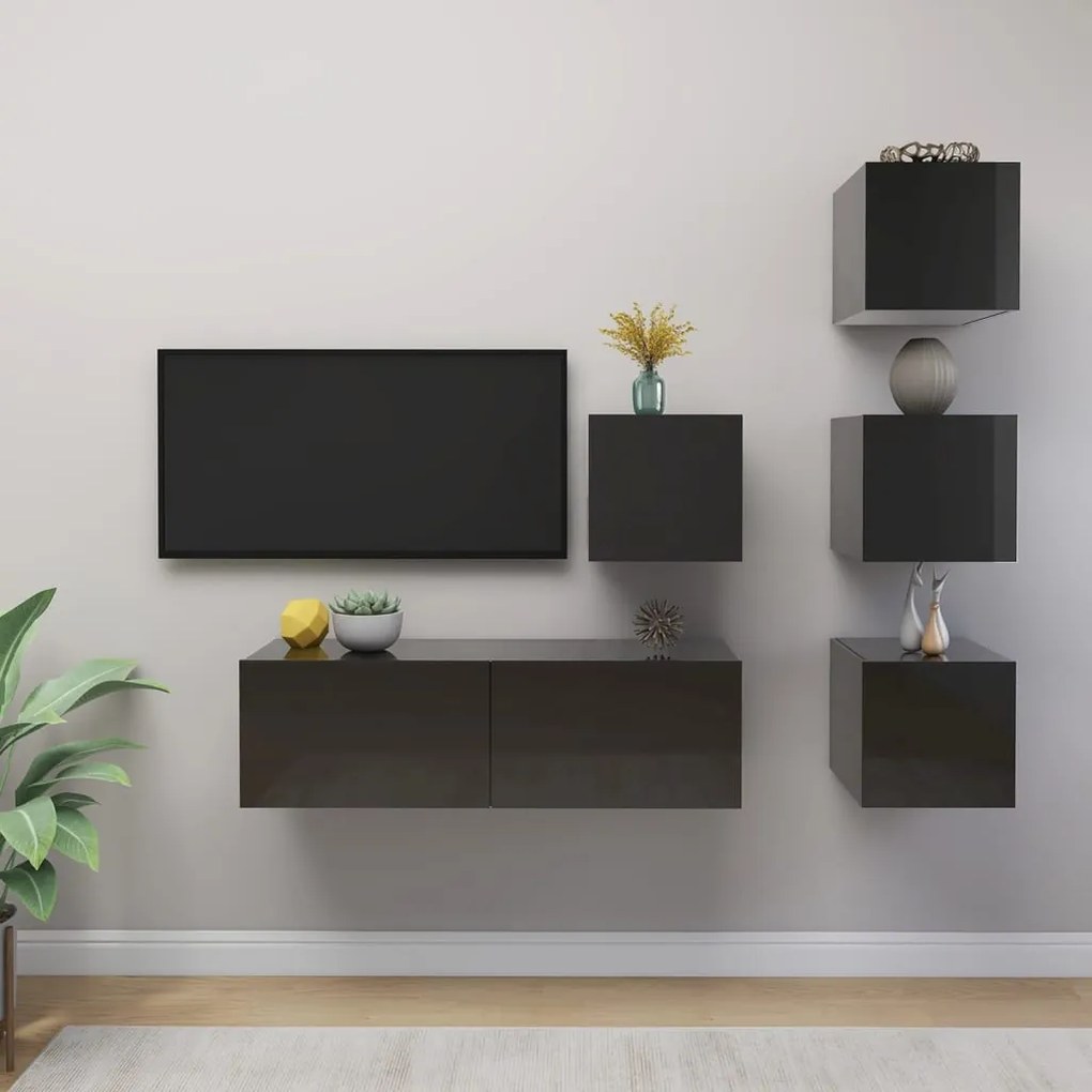 vidaXL 5 pcs conjunto de móveis de TV contraplacado cinzento brilhante