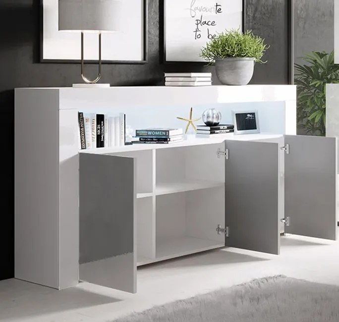 Aparador Alays – 155x37x91,5 cm – Branco e Cinzento Brilho – 3 Portas