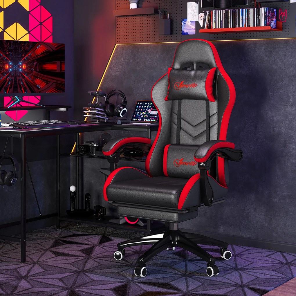 Cadeira Gaming Ergonómica Reclinável 135° de Couro PU com Suporte Lombar Altura Ajustável 65x65x129 cm Preto e Vermelho