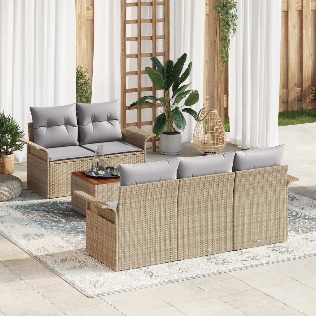 Conjunto de Sofá de Jardim de 6 Peças com Almofadas Bege Vime Acácia
