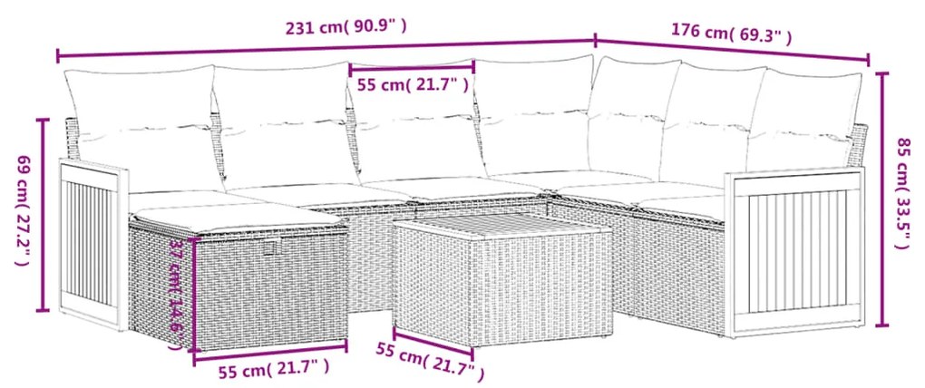 8 pcs conjunto de sofás p/ jardim com almofadões vime PE bege