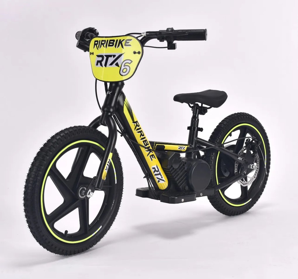 Bicicleta eléctrica para crianças RIRIBIKE RTX6 24V (16") bateria de lítio, motor de 250 watts, travão de disco, assento ajustável em PU macio Amarela