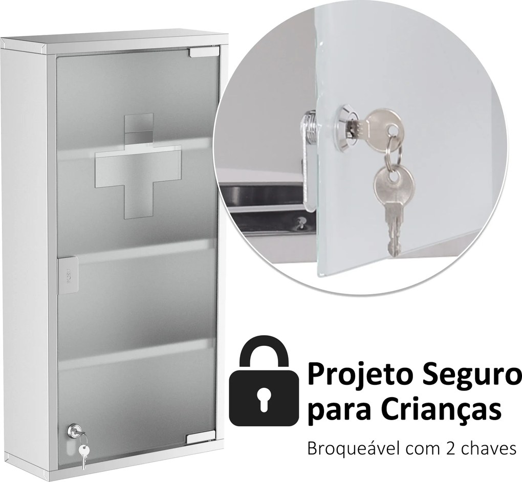 Armario de Kit de primeiros socorros em aço inoxidável para medicamentos 60x30x12cm prata