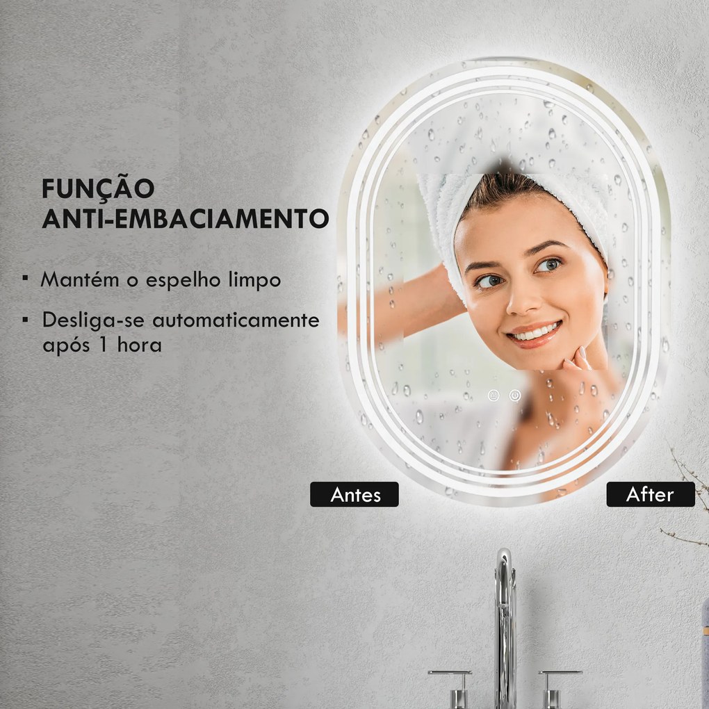 Espelho Casa de Banho com Iluminação 70x50 cm Espelho de Parede com 3 Cores de Luz Brilho Ajustável Função Anti-Embaciamento Função Memória
