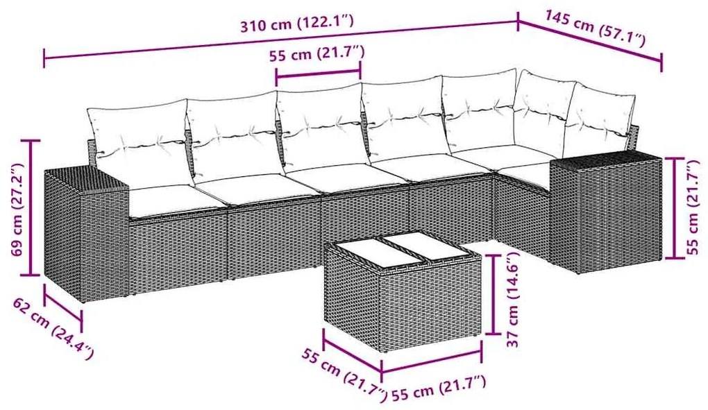 7 pcs conj. sofás jardim com almofadões vime PE cinzento-claro