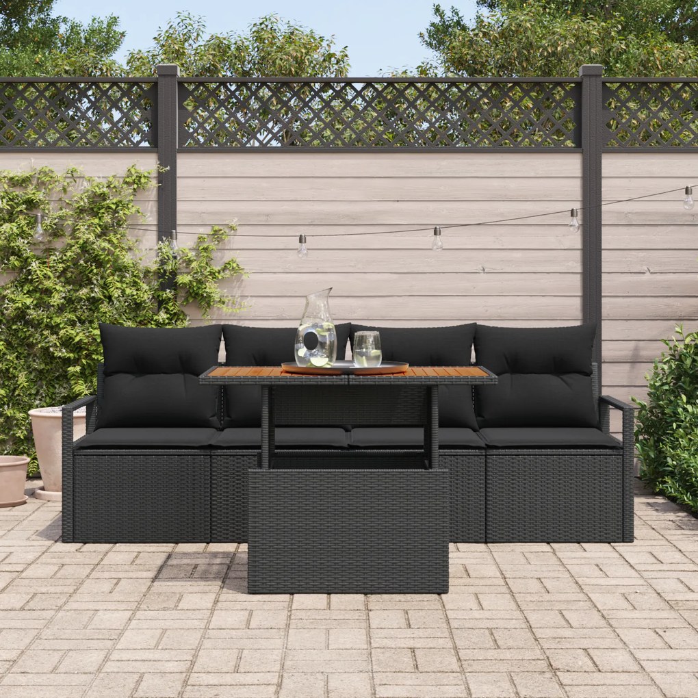 Conjunto de Sofá de Jardim de 5 Peças com Almofadas Preto de Rattan Po