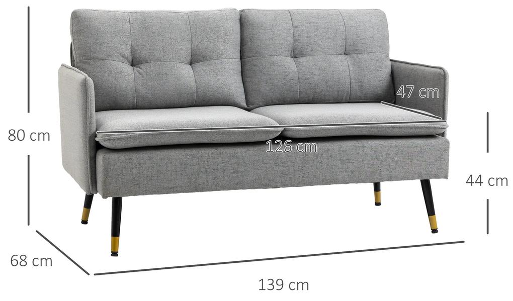 Sofá de 2 Lugares Moderno Estofado em Poliéster com 4 Almofadas Apoio para os Braços e Pés de Aço 139x68x80 cm Cinza