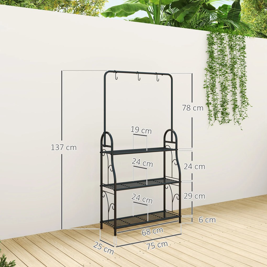 Suporte para Plantas de 3 Níveis Suporte para Vasos de Plantas com Ganchos de Metal Barra para Pendurar 75x25x137 cm Preto