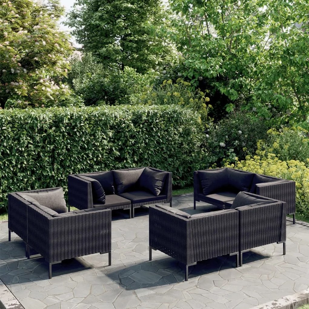 vidaXL 8 pcs conj. lounge jardim c/ almofadões vime PE cinzento-escuro