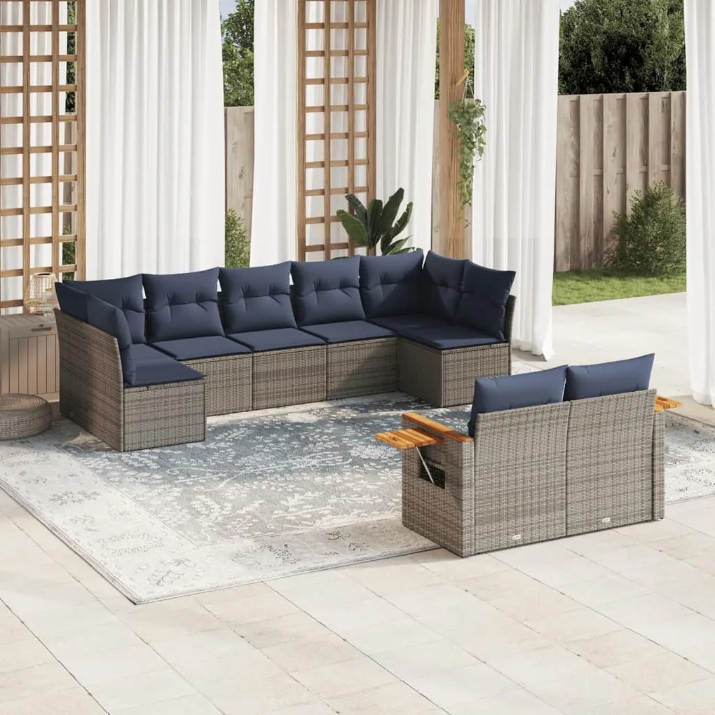 vidaXL 9 pcs conjunto sofás p/ jardim c/ almofadões vime PE cinzento
