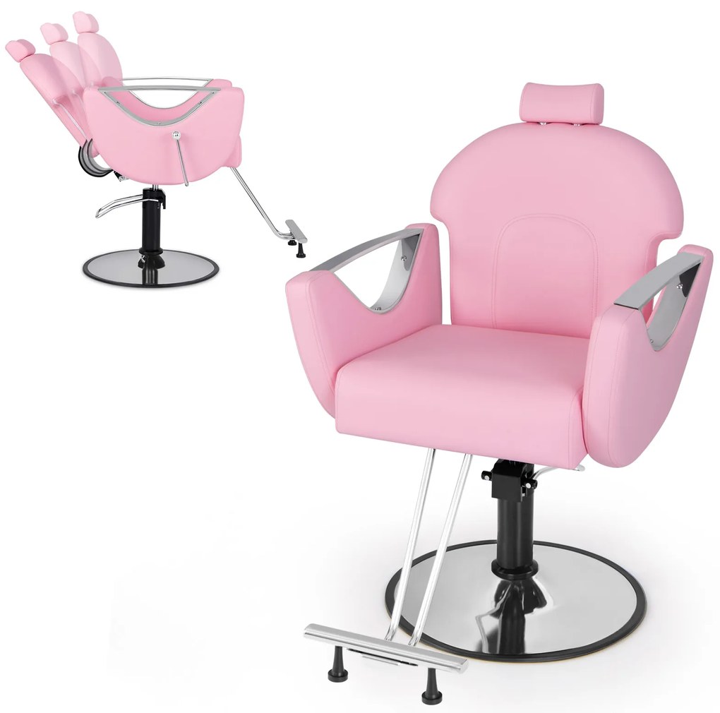 Cadeira de cabeleireiro ajustável em altura com apoio para a cabeça e bomba hidráulica, cadeira de salão giratória 360° em rosa