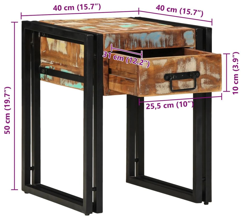 Mesa de Apoio vidaXL com Gaveta Preta 40x40x50 cm em Madeira Recuperad