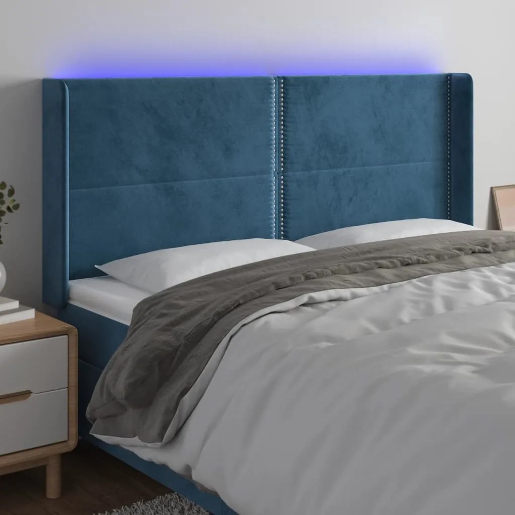 Cabeceira cama c/ luzes LED veludo 183x16x118/128cm azul-escuro