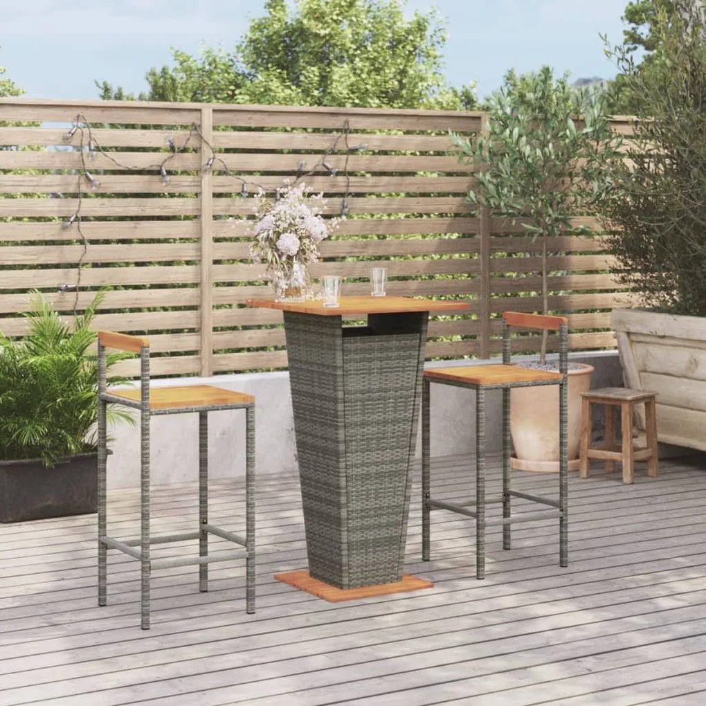 vidaXL 3 pcs conjunto de bar p/ jardim vime PE/acácia maciça cinzento