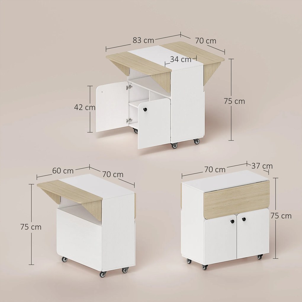 Mesa de jantar dobrável com roda 70 x 83 x 75 cms, mesa de cozinha para 4 pessoas, 2 abas rebatíveis, prateleira, armário, branco, e cor natural