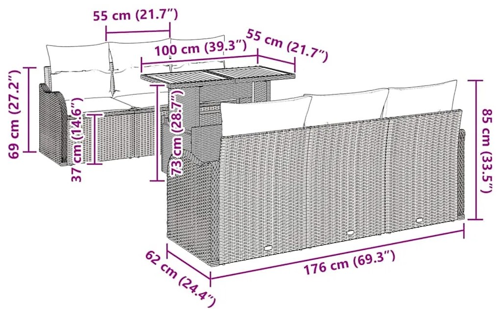 Conjunto de Sofá de Jardim de 7 Peças com Almofadas em Rattan Sintétic
