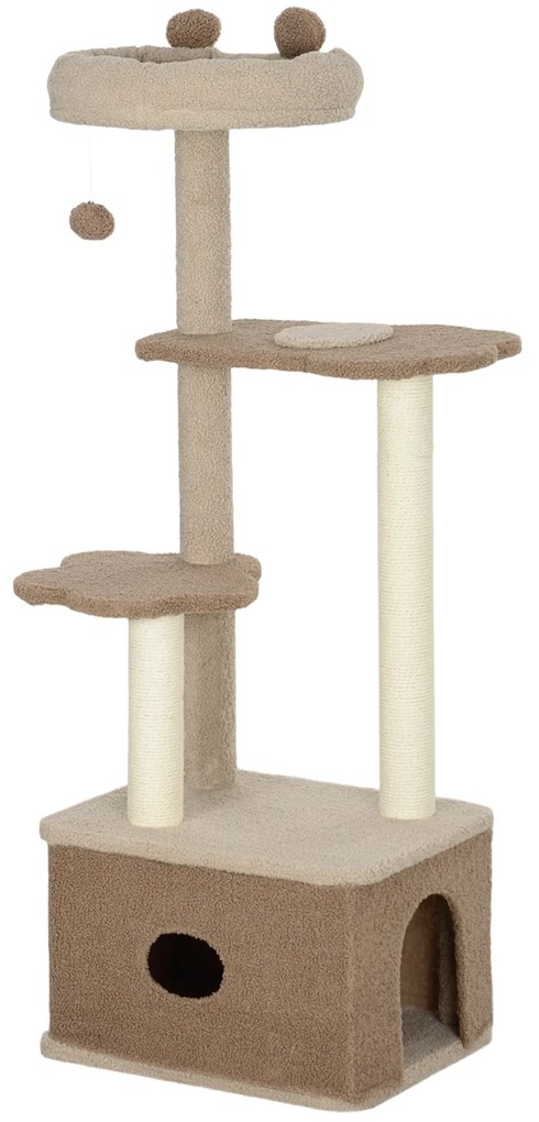PawHut Arranhador para Gatos com Cama Caverna Plataformas Bola Suspensa e Poste de Juta 48x40x133 cm Marrom