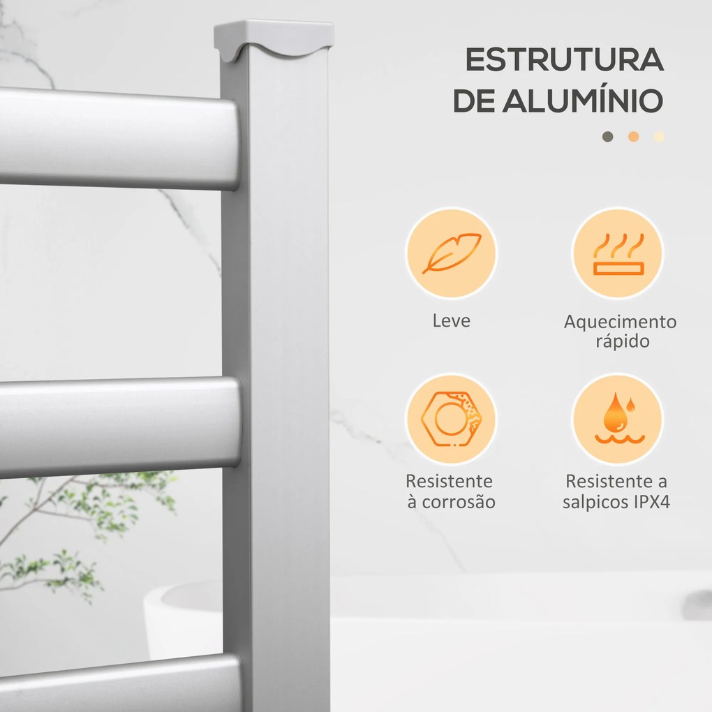 Toalheiro Elétrico para Casa de Banho 140W IPX4 Aquecedor de Toalhas Parede ou Chão com 6 Barras Liga de Alumínio 90x36x69cm Prata