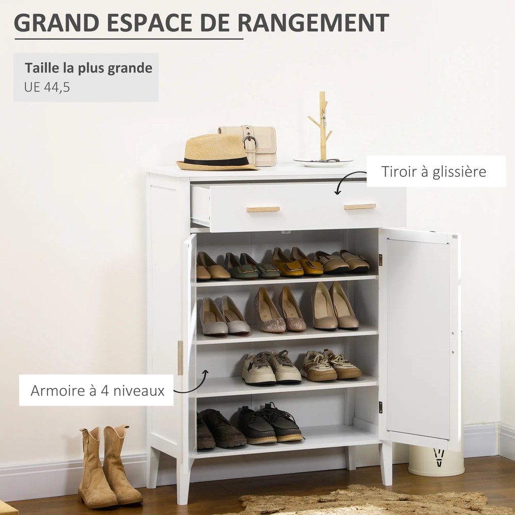 Sapateira com 2 portas com efeito de vime e gaveta, 80 x 35 x 110 cm, branco