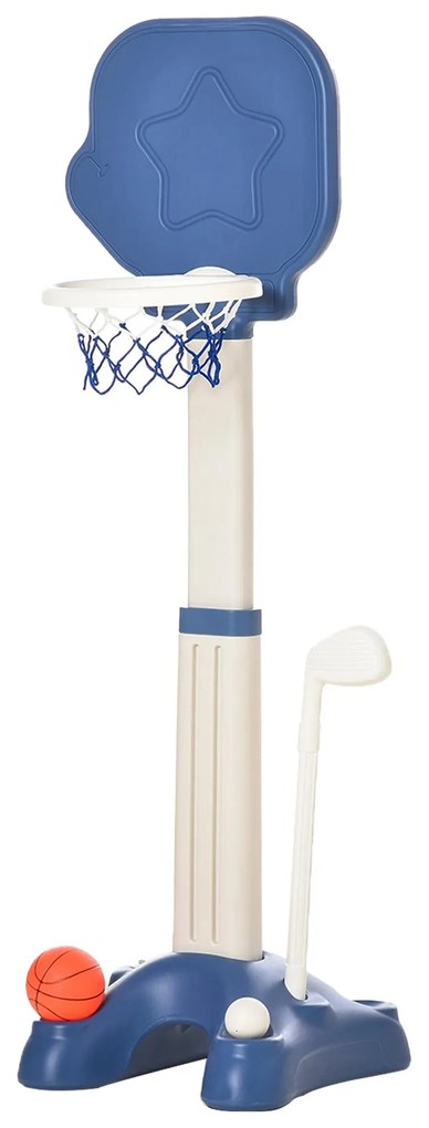 HOMCOM Tabela de Basquetebol 2 em 1 Jogo de Golf para Crianças acima de 2 Anos Aro com Altura Ajustável de 83-120cm Bolas e Taco de Golf 46x41x116-153cm Azul e Branco