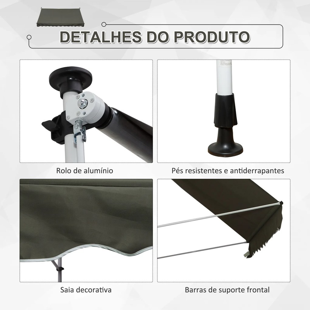 Toldo Manual Retrátil para Exterior 300x150x170-280cm Toldo Enrolável Altura Ajustável com Manivela Proteção Solar para Terraço Balcão Jardim Cinza