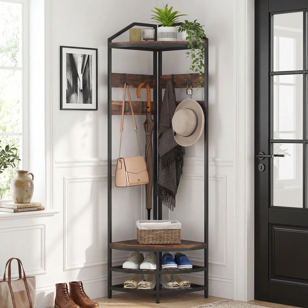 Móvel de entrada de canto 47 L x 47 P x 180 A cm, com 4 níveis, espaço para guardar sapatos, 8 ganchos amovíveis, 2 prateleiras, castanho rústico