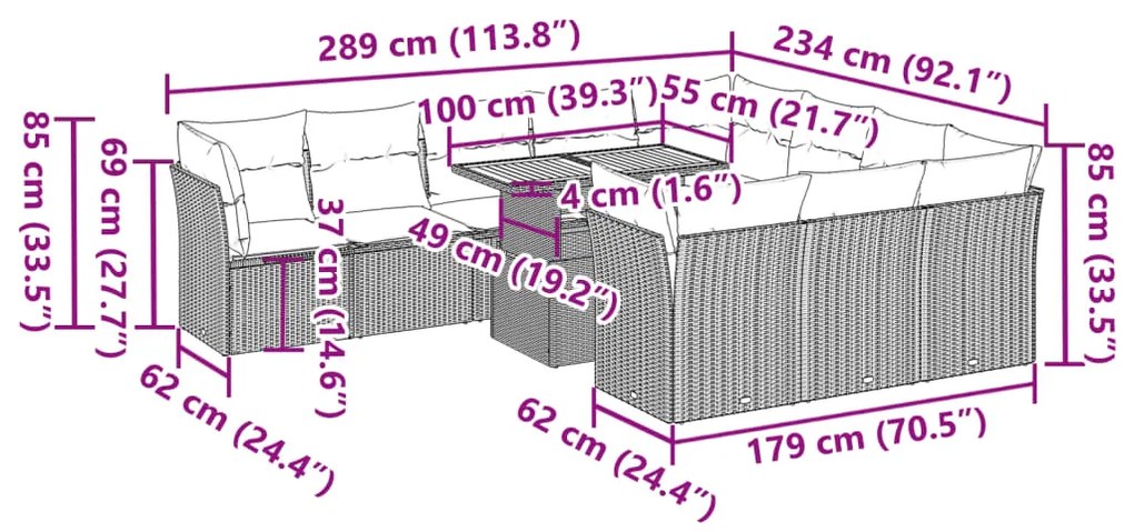 11 pcs conjunto sofás de jardim c/ almofadões vime PE cinzento