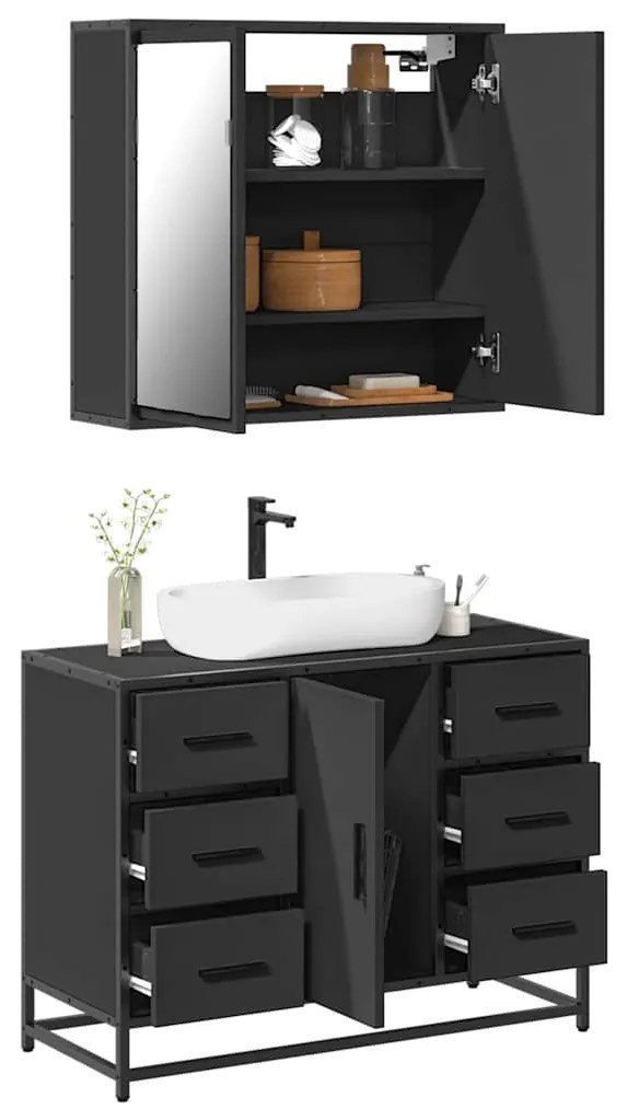 vidaXL 2 pcs conjunto móveis casa de banho derivados de madeira preto