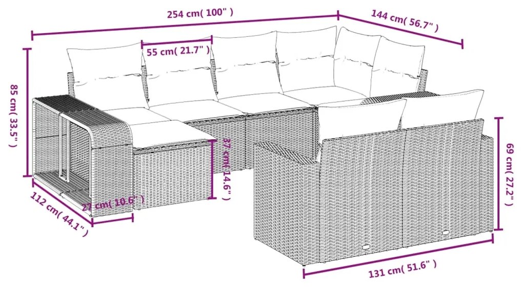 10 pcs conjunto sofás de jardim c/ almofadões vime PE cinzento