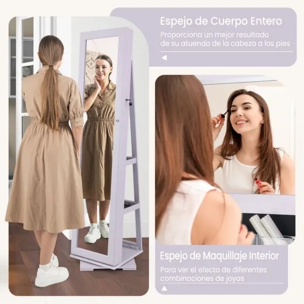 Armário para joias giratório em 360° com espelho inteiro com espelho para maquilhagem 39 x 39 x 161 cm Púrpura