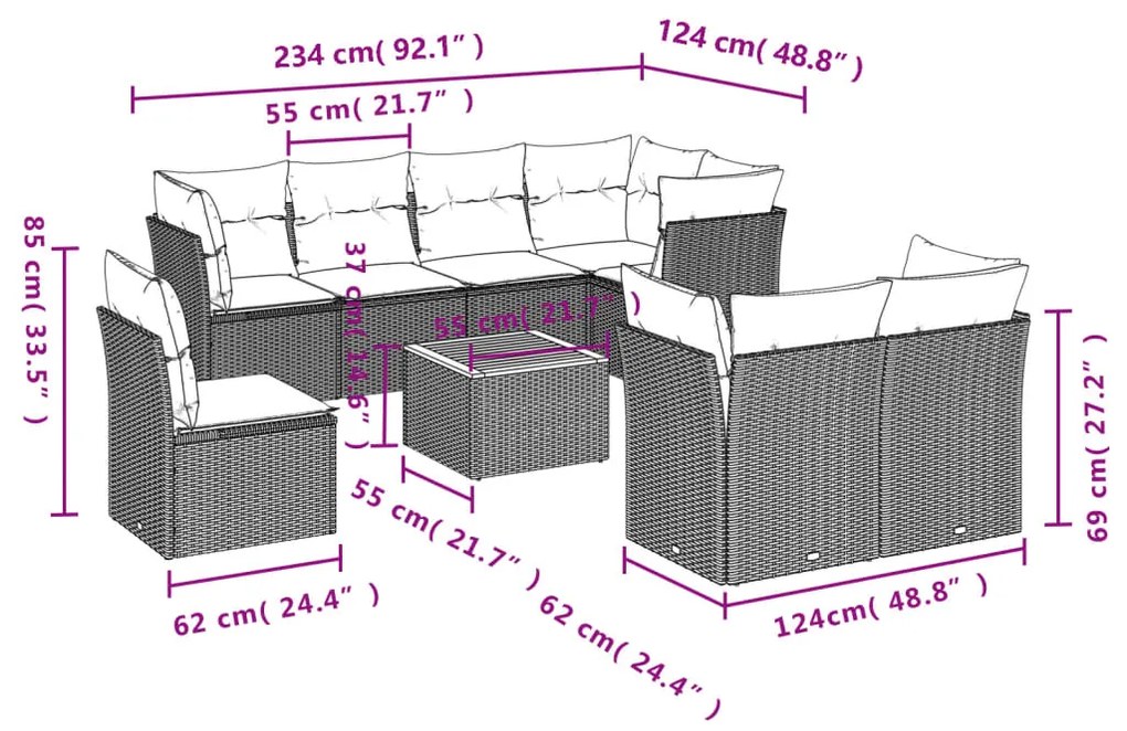 9 pcs conjunto de sofás p/ jardim com almofadões vime PE bege