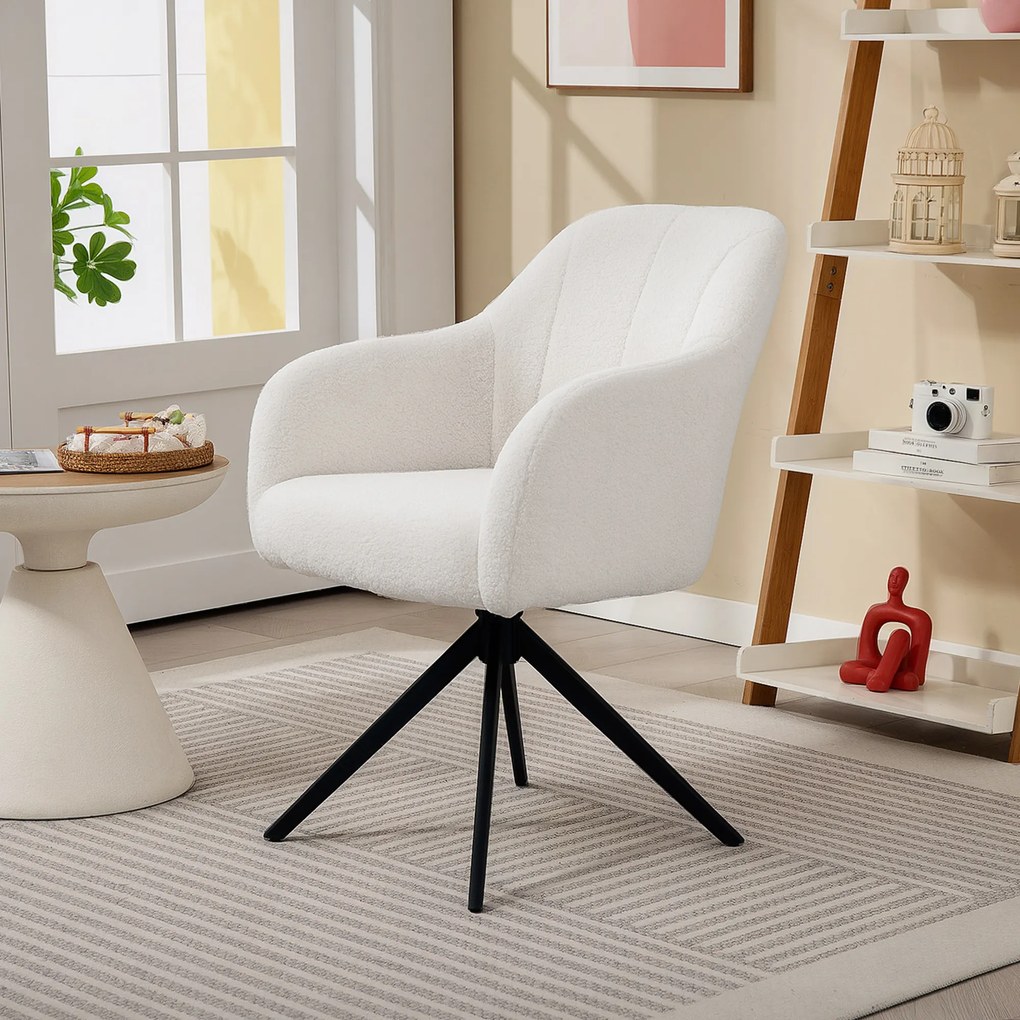 Poltrona de sala giratória, banco toucador estofada e de grande conforto, com base em aço e tecido com efeito de pelúcia branca