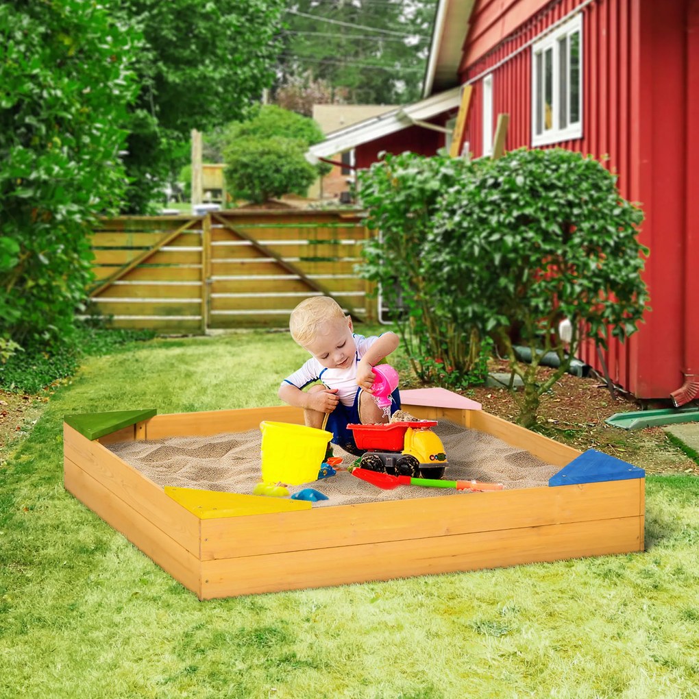 Outsunny Caixa de Areia de Madeira Caixa de Areia para Crianças de 3-8 Anos com Tecido não Tecido e 4 Assentos para jardim Pátio Varanda 109x109x19,8 cm Madeira