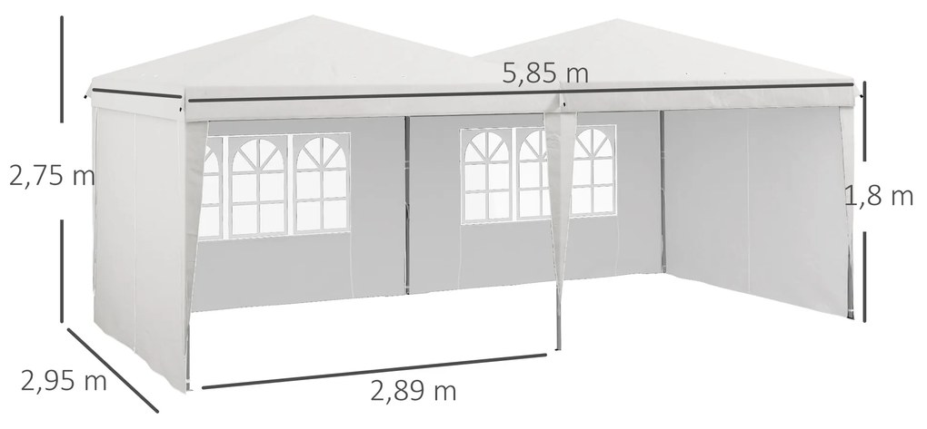 Tenda Dobrável 585x295x275 cm com Paredes Laterais Altura Ajustável Bolsa de Transporte e 5 Sacos de Areia Branco