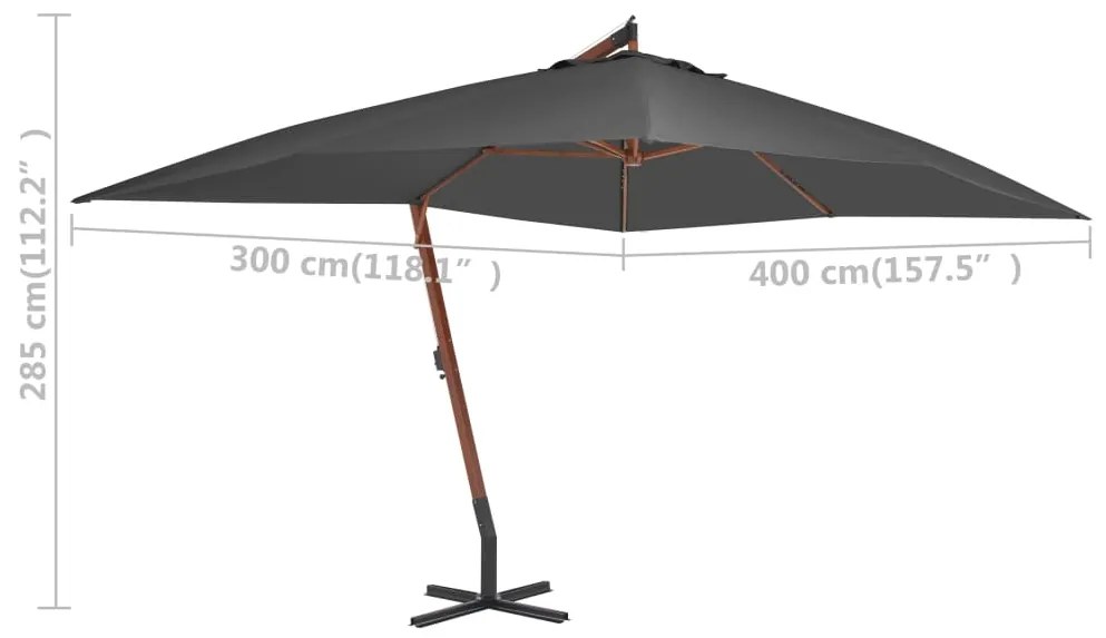 Guarda-sol cantilever c/ poste de madeira 400x300 cm antracite