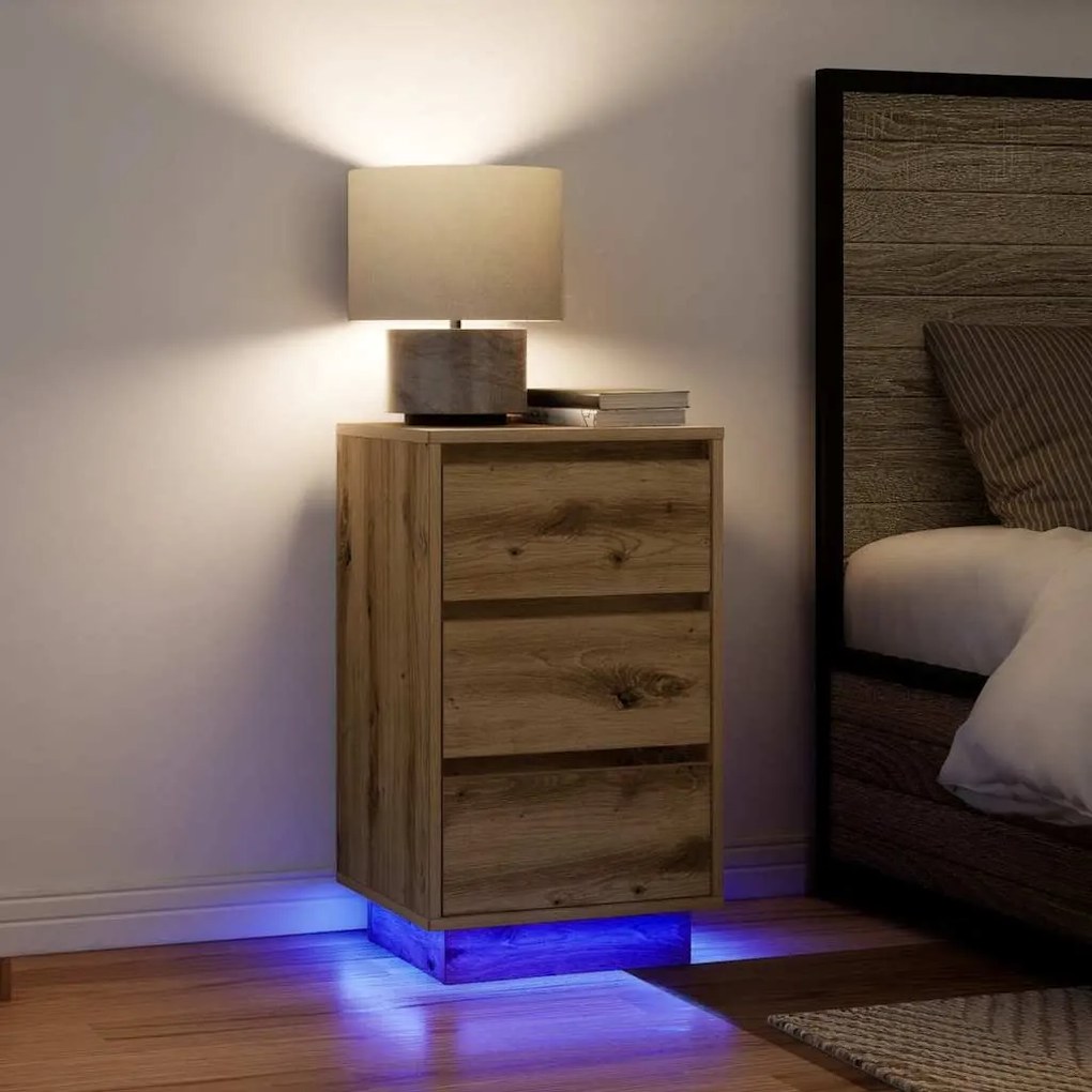 vidaXL Mesa de cabeceira com luzes LED 38x34x65 cm carvalho artesanal